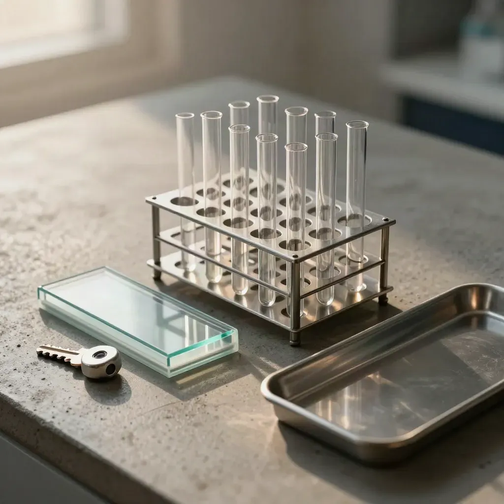 Stainless specimen rack, sample tubes, slide box and clinic tray on honed concrete