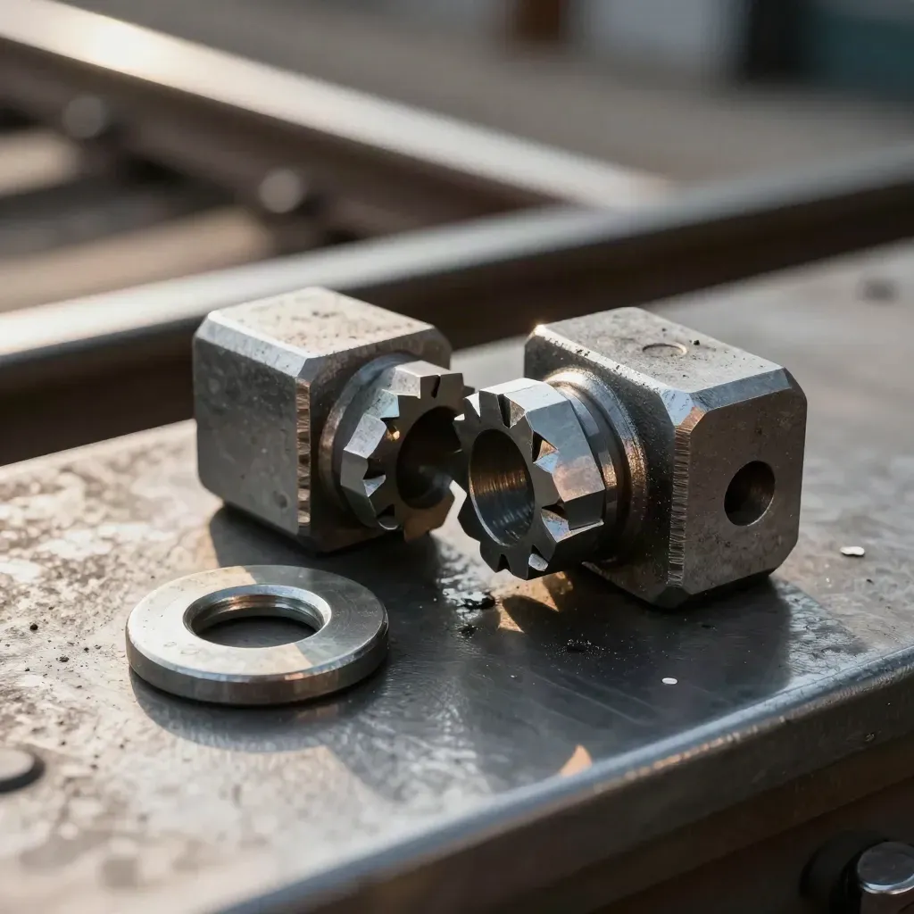 Macro of rail coupler, fastener and washer on brushed steel in workshop light