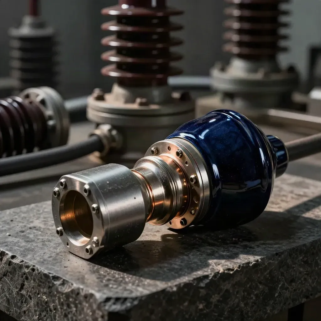 Ceramic insulator, cable gland and power coupling on dark stone in dramatic industrial light.