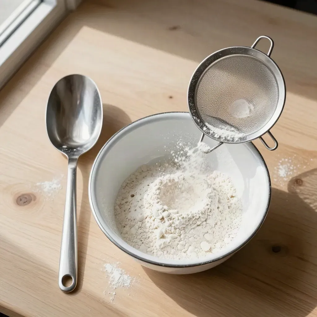 Overhead flour-dusted bowl, sieve and scoop on pale wood with soft daylight.
