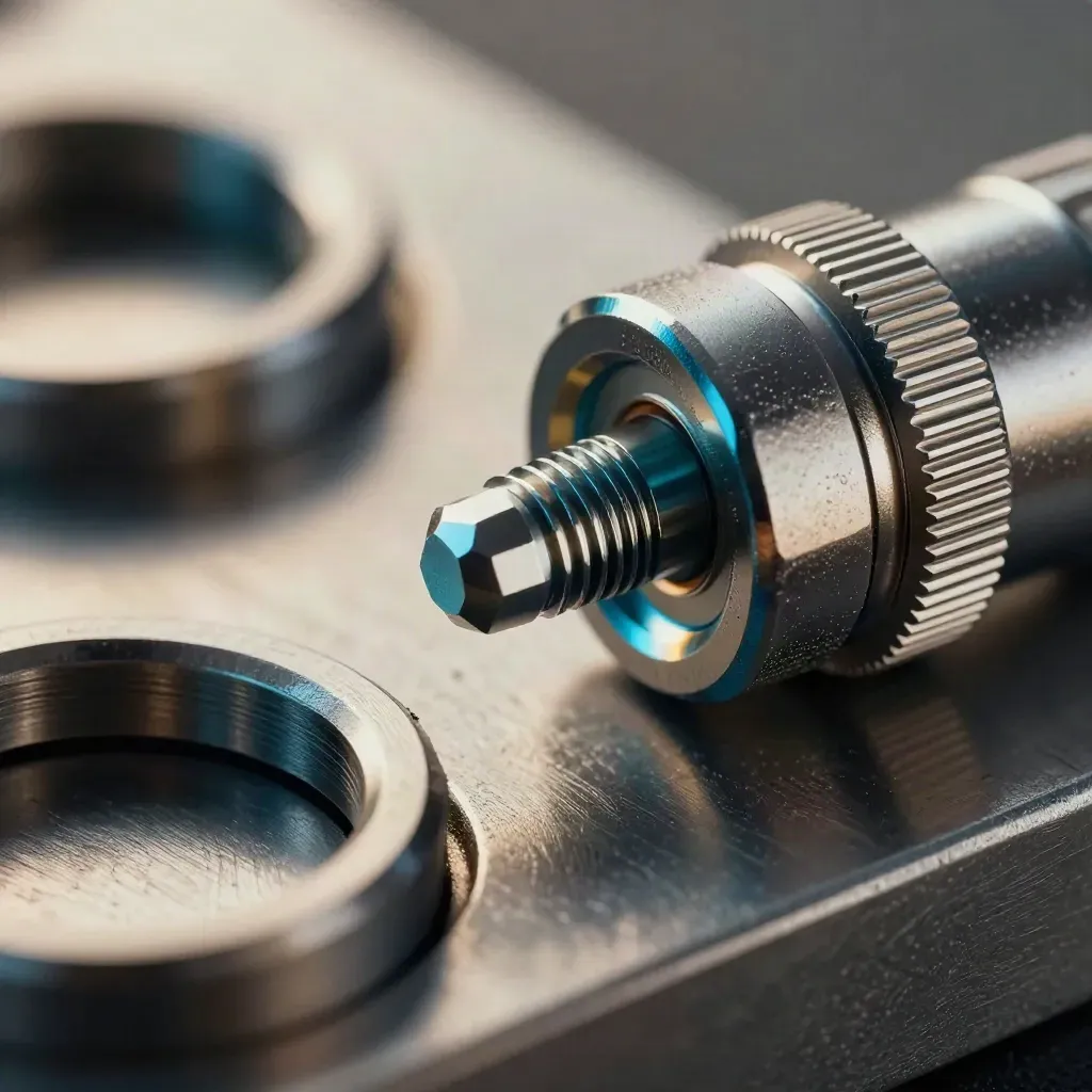 Macro of precision metal parts on brushed steel, lit dramatically with a cyan accent.