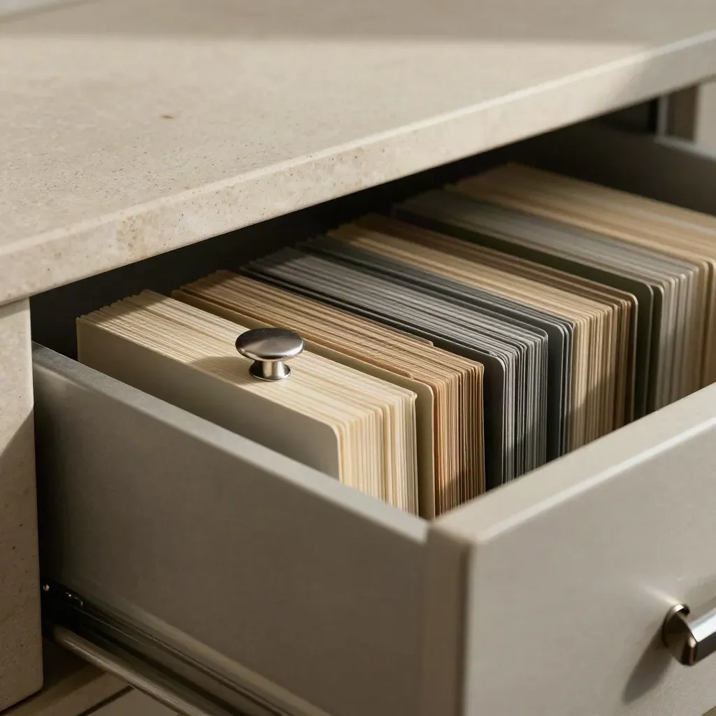 Half-open library index drawer with thumb tabs and brushed metal pull on pale stone.