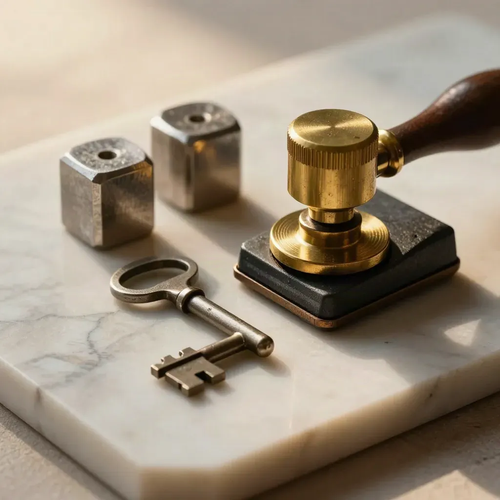 Brass seal embosser, vault key, and steel paperweights on pale marble