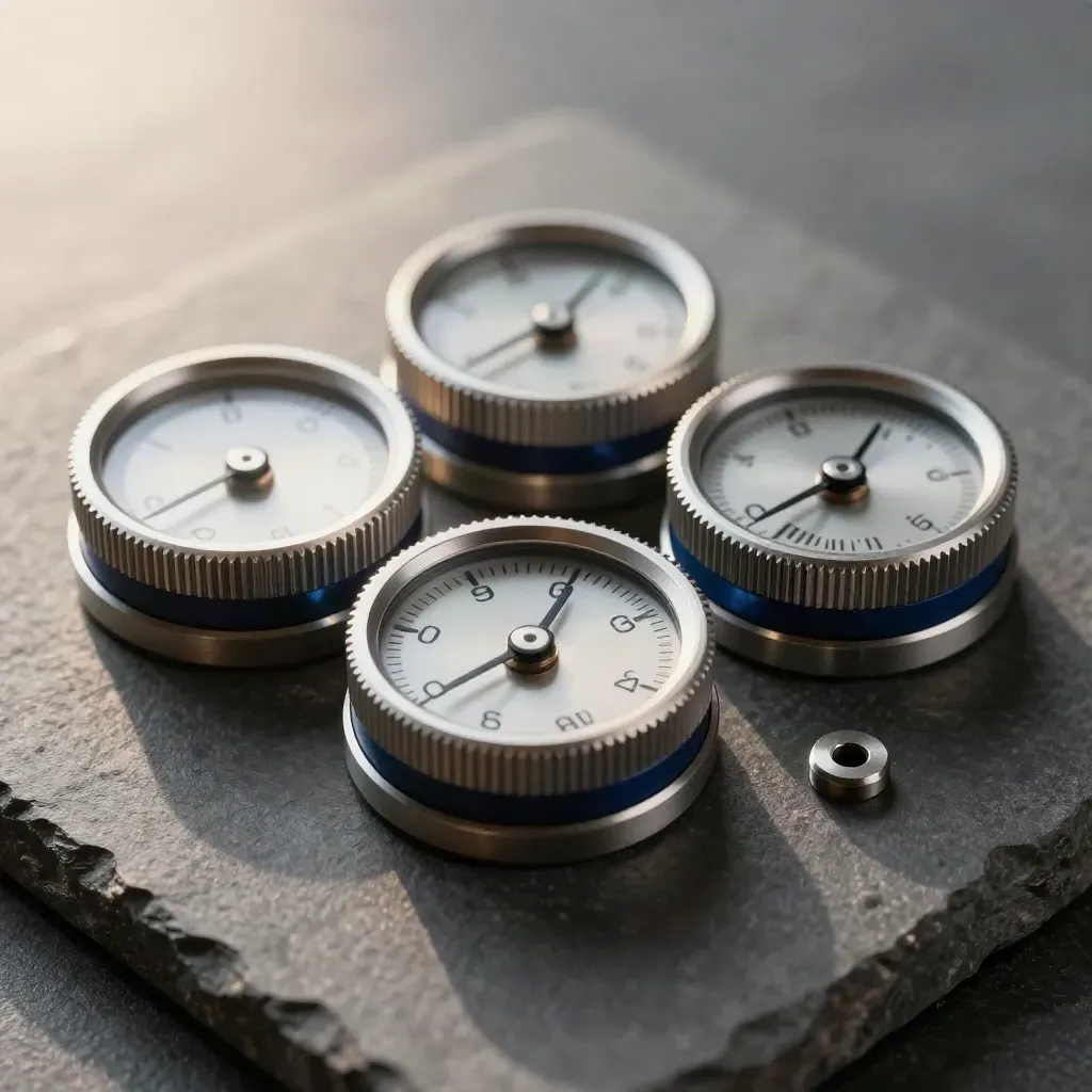 Brushed aluminium indicator dials and spacer shims on graphite stone, extreme macro