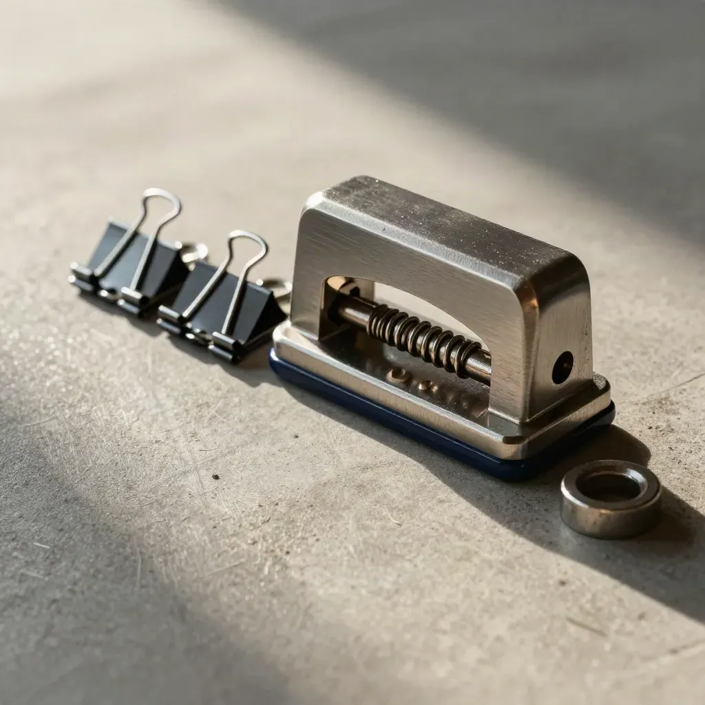 Batch stamper, filing clips, and punch on concrete in soft daylight