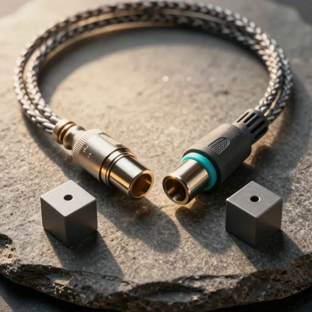 Braided precision cable connectors and adapter blocks meeting on matte stone, top-down macro.