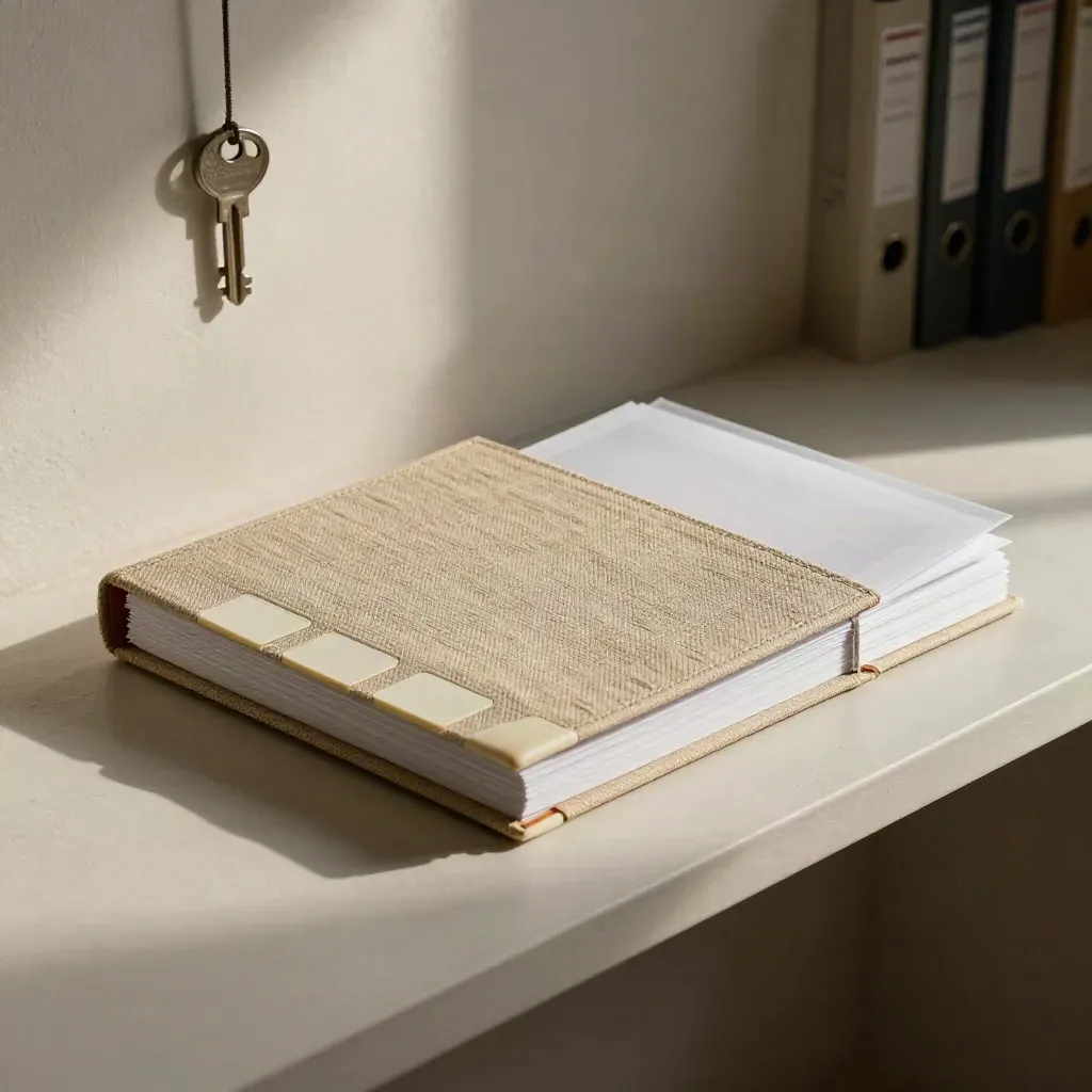 Closed linen binder with tabs and archival sleeves on pale plaster in dramatic light.