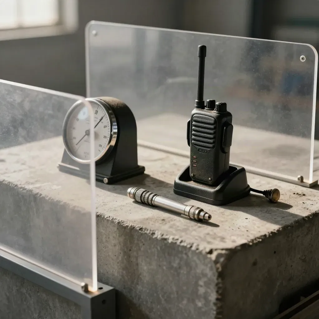Warehouse dispatch tools behind frosted acrylic with hard side light