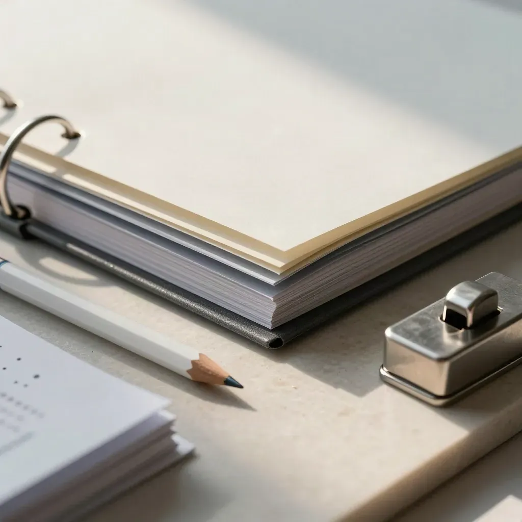 Macro still life of a binder, tab dividers, pencil and paperweight on a stone board.