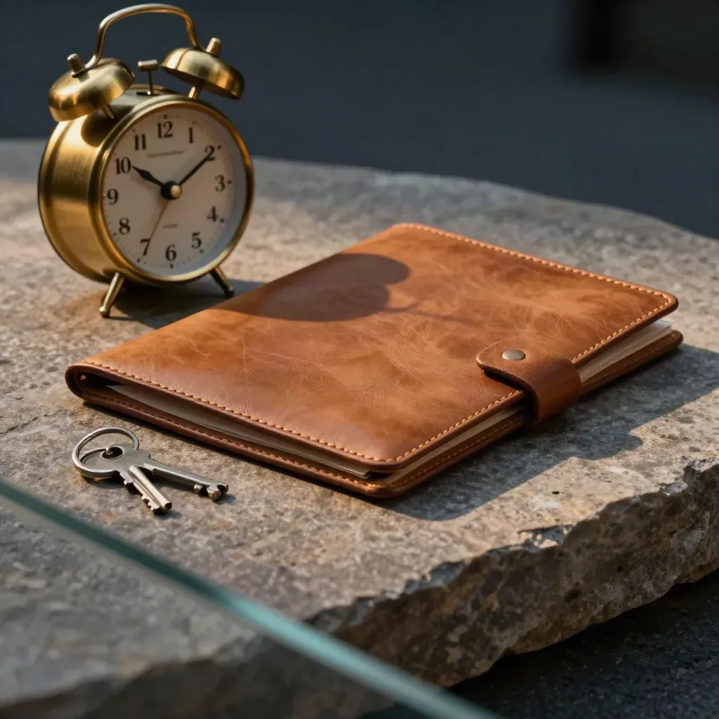 Brass clock, leather folder and keys on warm stone behind blurred glass