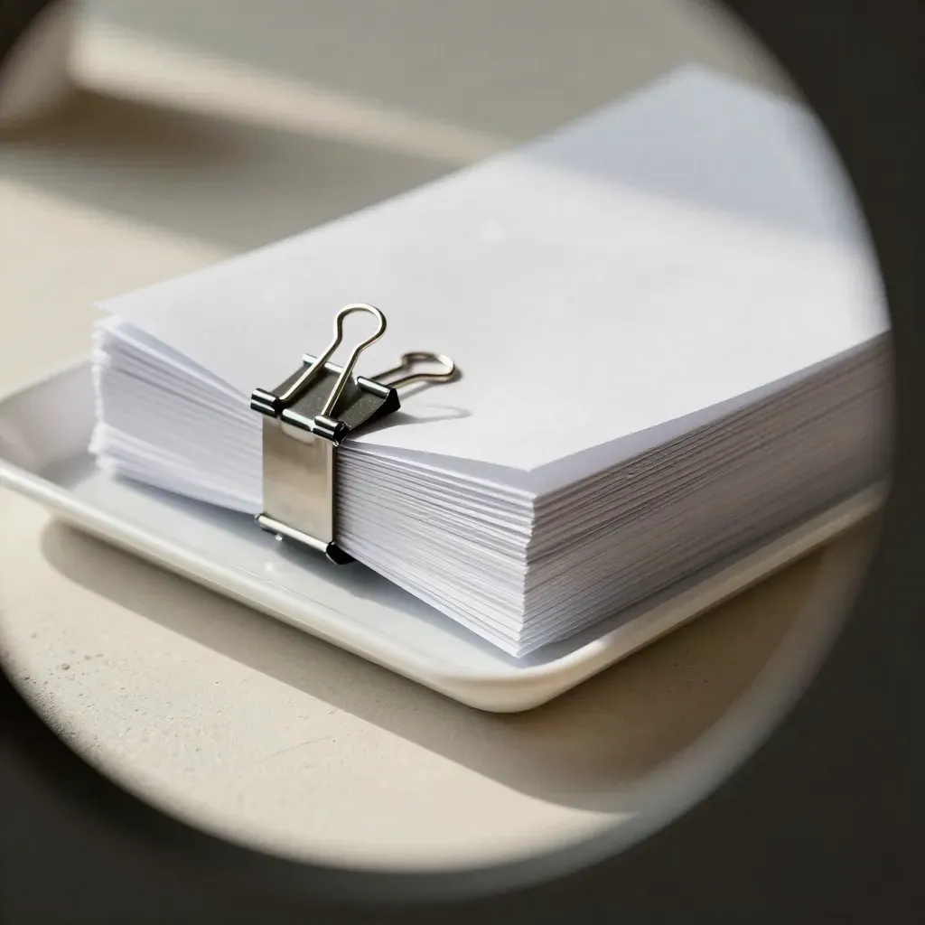 Tied briefing bundle, paper tray, and spring binder clip on pale plaster, extreme macro still life.