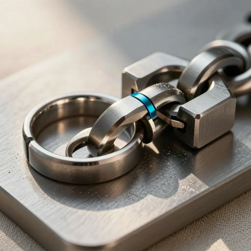 Top-down macro of machined links, precision rings and a bridge block on brushed steel with a cyan accent.