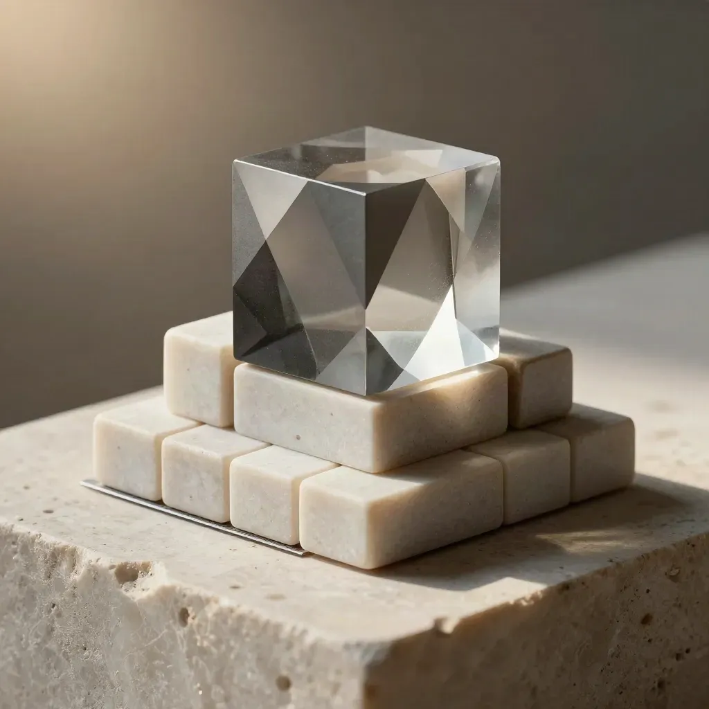 Graphite modular blocks and a paperweight cube on pale stone, lit dramatically for integrations.