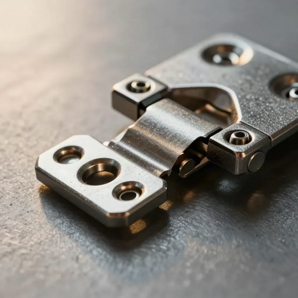Extreme close-up of precision hinge and connector hardware on brushed steel in slate-grey light