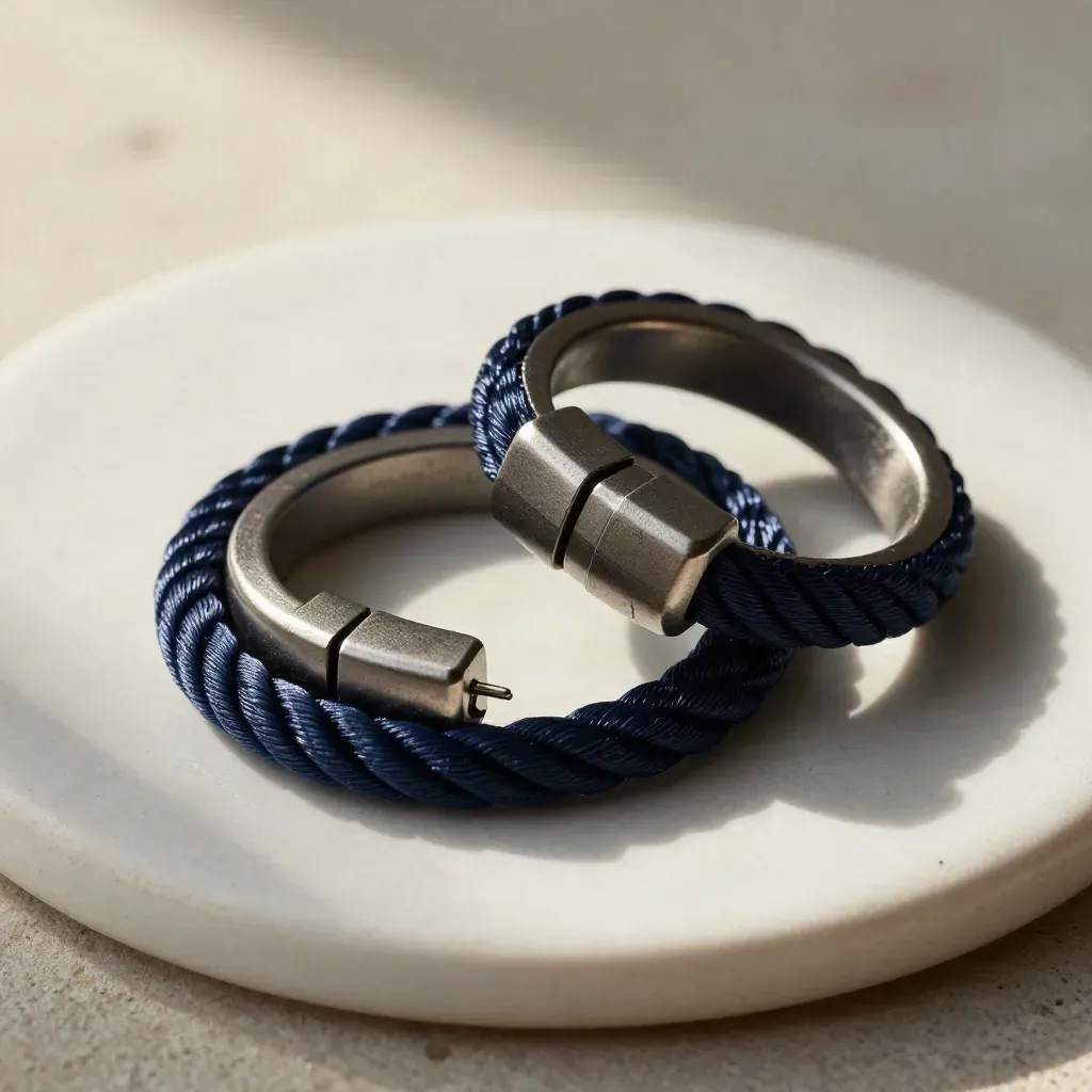Linked rings, cable loop, and connector blocks on a pale ceramic slab.