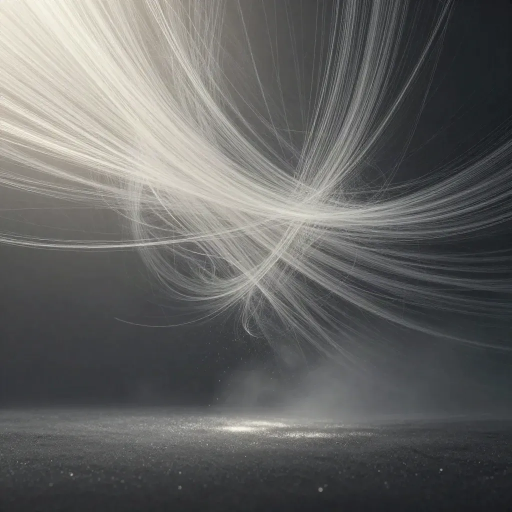 Silver filaments converge into a soft white bloom in dark graphite haze, with empty space below.